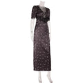 Satin Lace Patchwork Print Dress Women Black V-neck Short Sleeves High Waist Long Dresses Lady Hollow Out Daily Party Vestidos