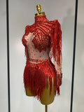 Women Long Sleeve Sexy Shinning Tassels Rhinestone Bodycon Bodysuit High Stretch Bar Dancer Nightclub Stage Wear Birthday Outfit