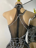 Women Sexy Sparkly Rhinestone Halter Mesh See Through Bodysuit Nightclub Performance Dance Costume Singer Stage Wear