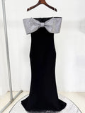 Fashion Heavy Industry Hot Diamond Bow Off Shoulder Slim Long Dress Elegant Formal Celebrity Evening Party Wedding Gowns