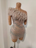 Sexy Sparkly Rhinestones One Shoulder Mesh See Through Mini Dress Women Birthday Evening Celebrate Party DJ Nightclub Stage Wear