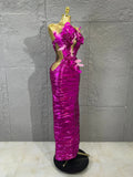 Fuchsia High-end Feather Floral Long Dress Women Hollow Cutout Long Gown Evening Prom Carnival Stage Performance Costume