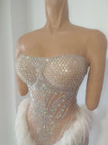 Women Birthday Evening Celebrate Party Nightclub Stage Wear Sexy Sparkly Diamonds Tassel Strapless Mesh See Through Long Dress