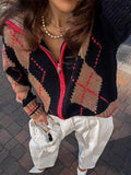 Women Color Block Argyle Knitted Cardigan Lapel Collar Zip Loose Long Sleeve Sweater 2026 Fashion Autumn Retro Casual Outerwear