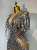 Luxury Sparkly Diamonds Tassels Sexy Mesh See Through Dress Women Evening Birthday Party Nightclub Bar Singer Stage Costumes