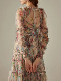 Patchworl Edible Tree Fungus Floral Dresses For Women Round Neck Long Sleeve High Waist Temperament Folds Mesh Dress Female