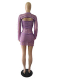Glitter Sequins Knitted Skirt Sets Women 3 Piece Outfit Vacation Festival Clothing Sheer Top and Mini Skirt Matching Sets