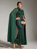 Sexy Party Women's Green Sequined Dress Fashion Chiffon Cloak Sleeve Bodycon Wedding Guest Evening Cocktail Long Dresses