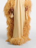 Glam Halter Off Shoulder Floor Length Dress for Women Loose Kaftan Feather Trim Wide Sleeve Back Tie Tassel for Party Gown