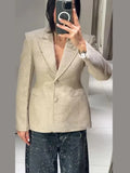 Women's Beige Tweed Blazer Jackets Fashion Lapel Long Sleeve Single Breasted Slim Coats Lady 2026 Spring Chic Office Outerwear