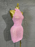 Pink Halter Neck 3D Scale Shell Sequin Mesh MiniDress Women Sheer Bodycon Short Dress For Club Night Out Cocktail Party