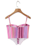 Sweet Summer Outdoor Travel Striped Corset Camisole Set for Women Thin Strap Lace Up Outfit for Seaside Vacation Casual Wear
