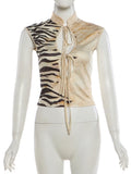 Tiger Print Vest Women Standing Collar Bandage Tassel Hollow Hip-Hop Style Sexy Summer Wild Street Fashion Slim Tops
