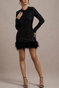 Solid Spliced Sequines Slimming Dresses for Women O Neck Long Sleeve Temperament Dress Female Fashion New