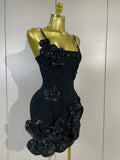 Luxury Party Prom Gown Birthday Wedding Guest Dresses Elegant Chic 3D Beaded Flower Spaghetti Strap Short Bodycon Bandage Dress