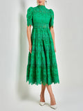 Wedding Guest Green Lace High Neck Midi Dress for Half Sleeve Women Cutout Texture Tiered Hem Flowy Skirt for Afternoon Tea