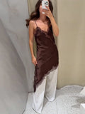 Sexy V-neck Sling Dress Women Fashion Sleeveless Lace Patchwork Irregular Mini Dresses Lady Summer Chic Casual Holiday Robe