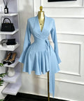 Women Tie Dye Print Flare Long Sleeve Wrap V-neck with Sashes Ruffle Dress 2026 Elegant Vacation Party Birthday Dresses