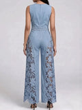 SHENGPALAE Women Sleeveless Round Neck Jumpsuit Lace Hollow Out Spliced Wide Leg Denim Elegant One Piece Outfit Autumn 2026 New