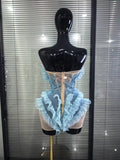 Skyblue Women Sexy Strapless Mesh Ruffle Shining Crystal Bodycon Mini Dress Celebrate Nightclub Party Bar Singer Show Stage Wea