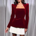 Hit Color Slimming Minimalist Dresses for Women Square Neck Long Sleeve High Waist Temperament Dress Female