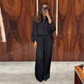 Solid Color Tie Neck Satin Blouse Wide Leg Pants Two Piece Set Long Sleeve Loose Fit 2026 Spring Daily Vacation Women Outfit