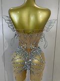 Sexy 3D Butterfly Strapless Mesh See Through Jumpsuit Sparkly Silver Diamond Eveing Party Birthday Bar Nightclub Stage Costumes
