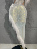 Sexy Sheer Mesh Pearl Beaded Feather Trim Strapless Mermaid Evening Dress for Birthday Party