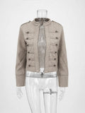 Women Double-Breasted Stand Collar Cropped Jacket Long-Sleeved Solid Zipper Metal Button Fashion Street Coat Autumn Winter