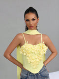 Sexy Splice Appliques Sling Fishbone Top With Ribbon Solid Flowers Backless Party Nightclub Birthday Bandage Tank Top
