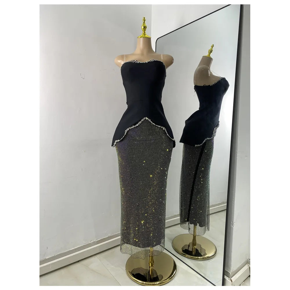 Women Glitter Rhinestones Top Long Skirt Sets Elegant Luxury Evening Party Two Pieces Birthday Outfit Night Club Design Clothes