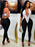 Sexy Halter Jumpsuit Women Summer V-Neck Backless Patchwork Peach-Shaped Butt Elastic Tight Birthday Party Overalls
