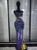 Purple Shining Rhinestones Women Sexy Strapless Mesh See Through Bodycon Long Maxi Dress Celebrate Nightclub Party Birthday Wear