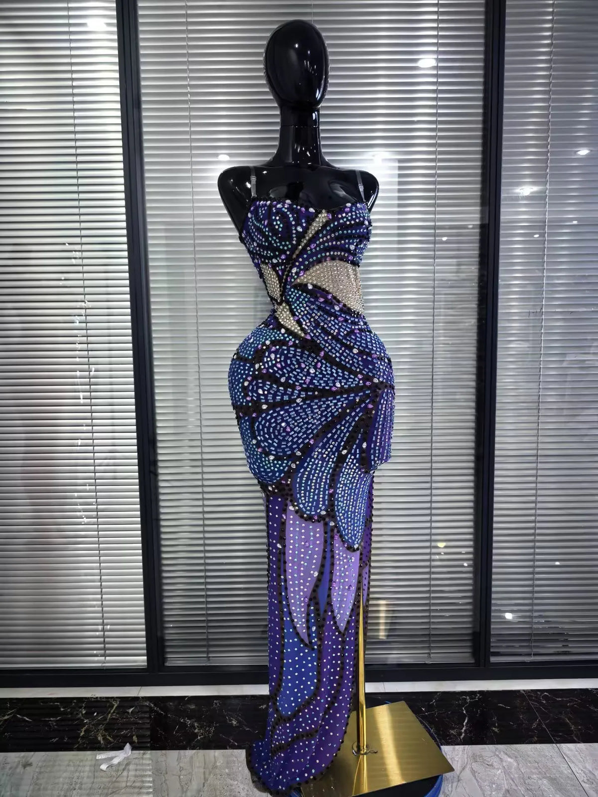 Purple Shining Rhinestones Women Sexy Strapless Mesh See Through Bodycon Long Maxi Dress Celebrate Nightclub Party Birthday Wear