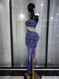Purple Shining Rhinestones Women Sexy Strapless Mesh See Through Bodycon Long Maxi Dress Celebrate Nightclub Party Birthday Wear