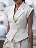 Office Spliced Folds Two Piece Set for Women Lapel Sleeveless Top High Waist Wide Pant Minimalist Suit Female New