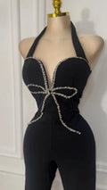 Womens Halter Neck Bow Tie Crystal Long Pants Jumpsuits Rompers Elegant Sleeveless Sequins Party Jumpsuits Overalls 2026