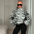 Chic Retro Zebra Print Cropped Jacket Trendy Oblique Placket Stand Collar Loose Fit Coat Lady Daily Street Party Outerwear