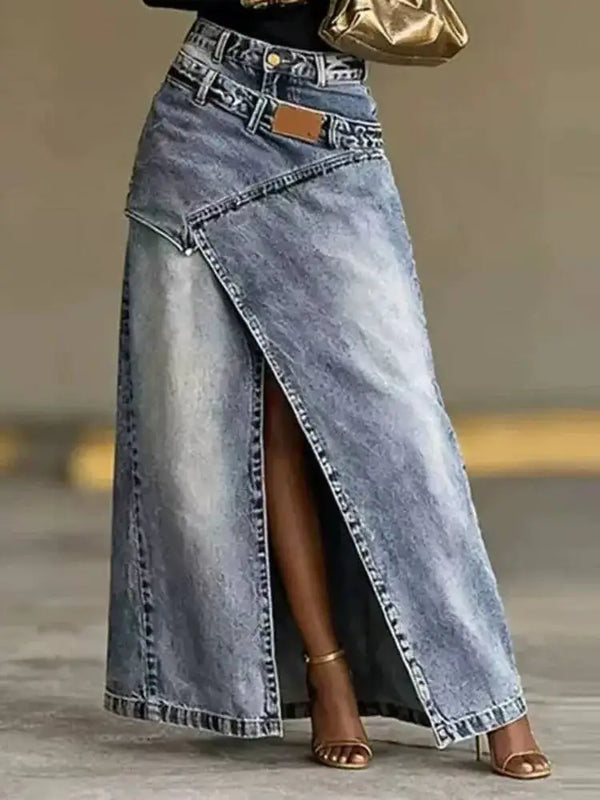 Women Baggy Denim Skirt High Waist Irregular Slit A Line Maxi Casual Fashion Personality Summer 05E03085