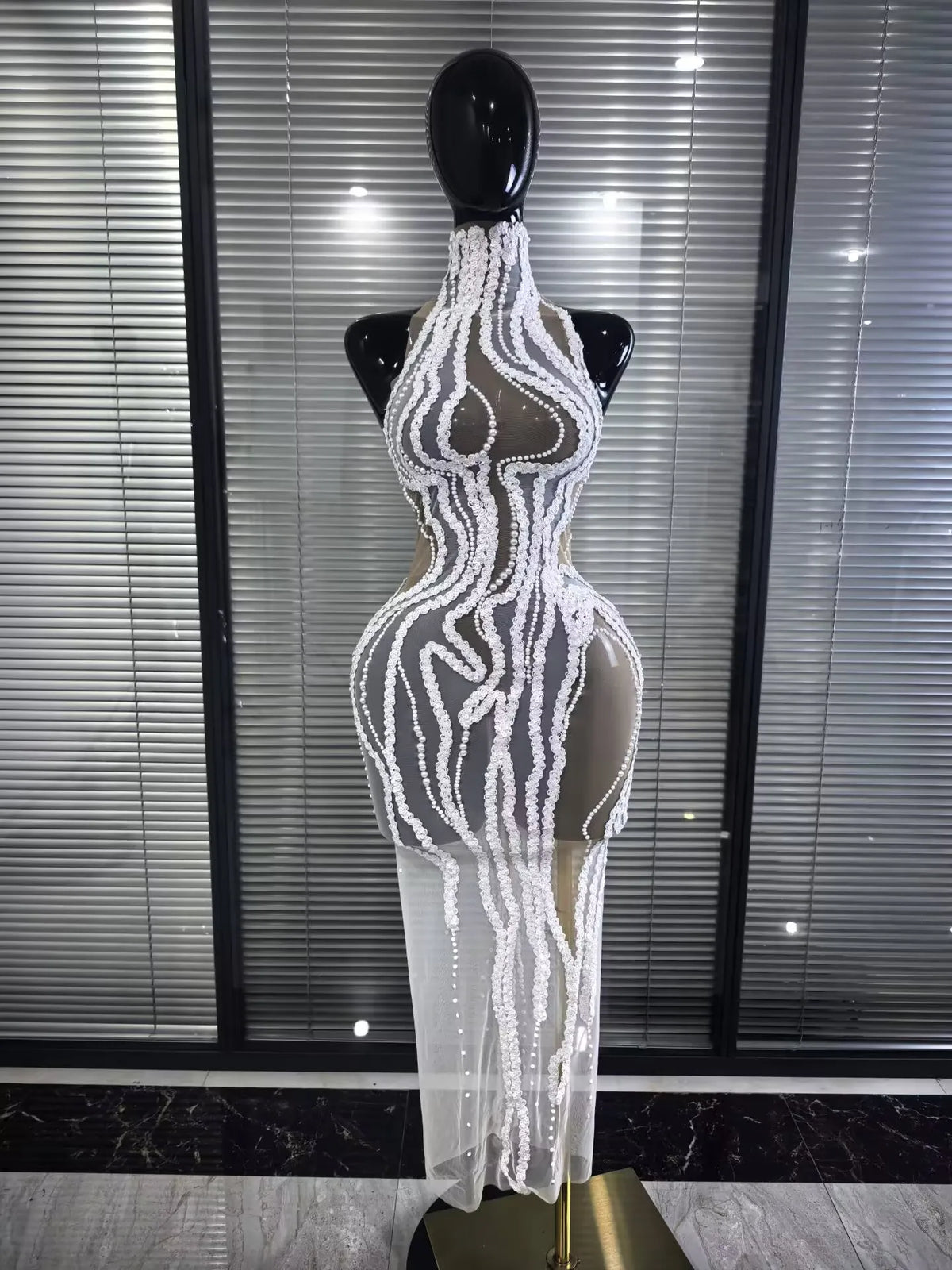 White Shining Rhinestones Women Sexy Off the Shoulder Mesh See Through Bodycon Long Dress Nightclub Party Performance Costumes