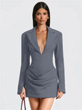 Elegant Office Dress Women Sexy Single-Breasted Hidden Buttons V-Neck Full Sleeve Folds Fashion Commute Bodycon