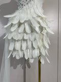 Luxury Rhinestone Sexy Halter Feather White Mini Dress Celebrate Evening Party Birthday Dress Stage Performance Dance Costume