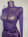Luxury Sparkly Diamond Birthday Evening Party Nightclub Team Stage Costume Sexy Mesh See Through Purple Long Sleeves Mini Dress