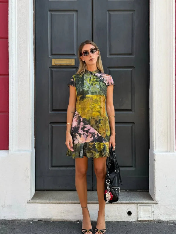 Vintage Floral Patchwork Print Mini Dress Women Asymmetrical Frog‑button Placket Ruffled Flounce Hem Lady Street Holiday Dress