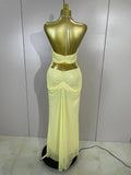 Elegant Luxury Chain Sexy Mesh See Through Halter Low-Neck Backless Sleeveless Long Dress Women Club Party Prom  Holiday Dresses