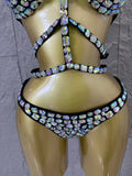 Gold Luxurious Black Bodysuit Women Sexy Halter Neck Iridescent Crystal Embellished Cutout Outfit Stage Performance Costume