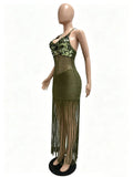 Sexy Cutout Crochet Beach Dress 2026 Summer Women One Shoulder Backless Knitted Sequined Fringe Tassel Midi Dress Clubwear
