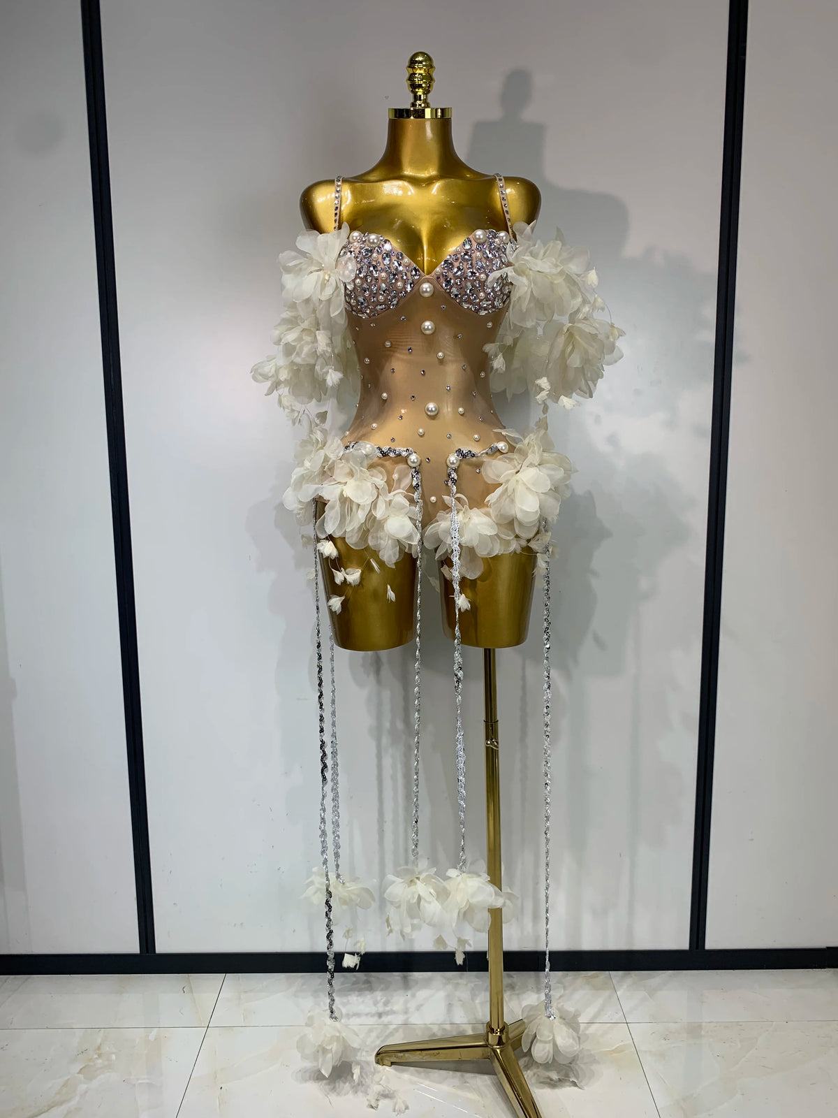 Sparkly Rhinestones Fringe Flower Bodycon Bodysuits DJ Nightclub Performance Stage Outfit Luxury Birthday Photo Shoot Clothing