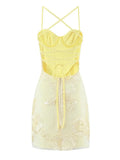Hot Girl Spaghetti Strap Mini Dresses for Women Square Collar Sleeveless Fish Bone Tunic 3D Decoration Dress Female