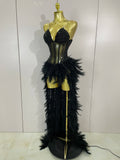 Luxury Sparkly Rhinestones Feathers Long Tail Dress Sexy Mesh Transparent Stage Bodysuit Evening Party Celebrate Birthday Dress